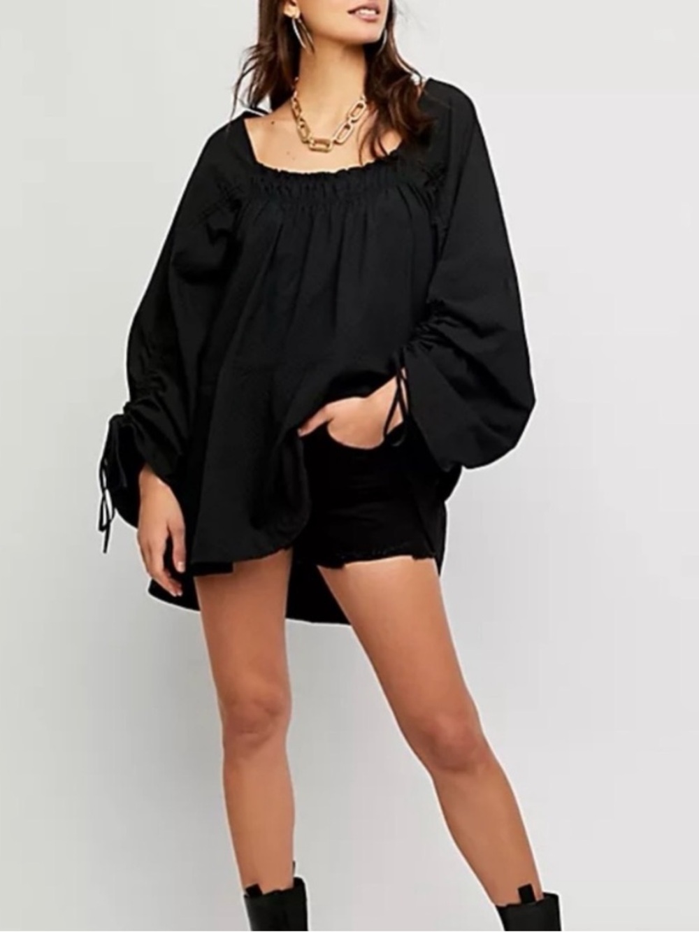 Free People Brynn Tunic Black XL Oversized Cotton Balloon Sleeve Mini Dress Top